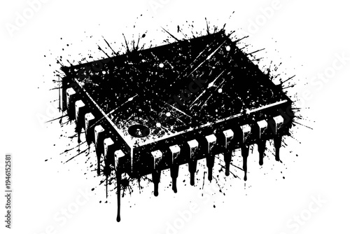 Grunge-style illustration of a computer microchip with paint splatters on white background for tech and electronics concepts