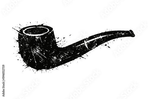Black and white illustration of a smoking pipe with grunge effect, isolated on white background for design and artistic use