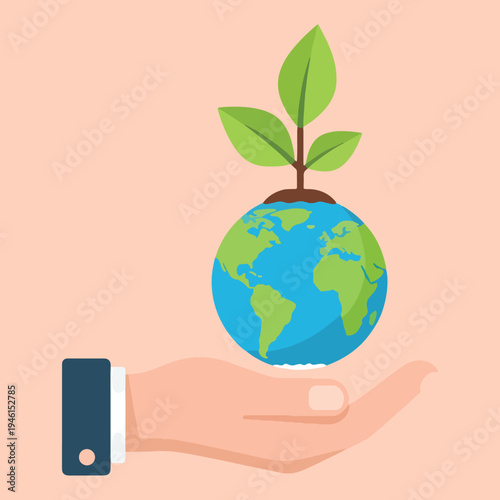 Hand cradles globe with tender green sprout emerging