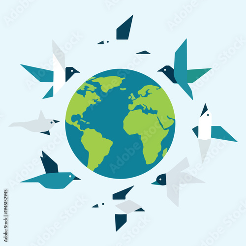 Earth globe surrounded by flying birds