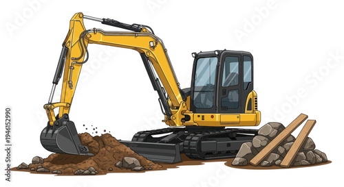 Yellow Excavator Machine Digging and Moving Soil and Rocks