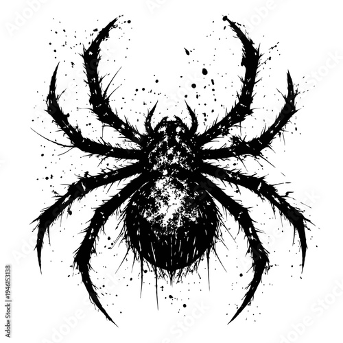 Ink splatter illustration of a black spider on white background for Halloween or creepy crawlies theme
