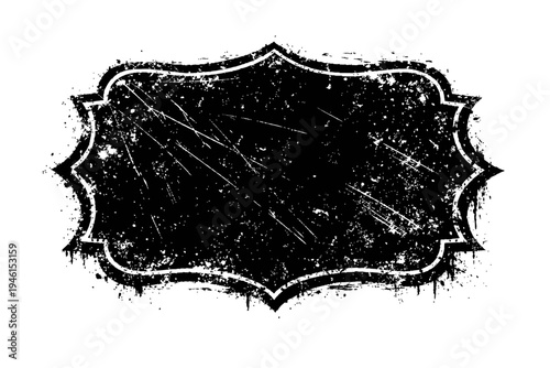 Black grunge label with white outline on isolated background for text, symbol, or logo placement in design projects