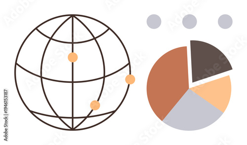 Global connectivity, data analysis, business growth, market research, statistics, visual communication. Illustration of a globe with connection points and a segmented pie chart. Data analysis