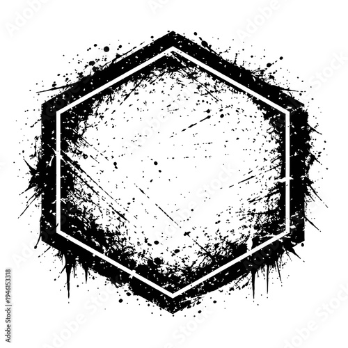 Black and white hexagonal grunge texture with paint splatters and scratches, abstract artistic background