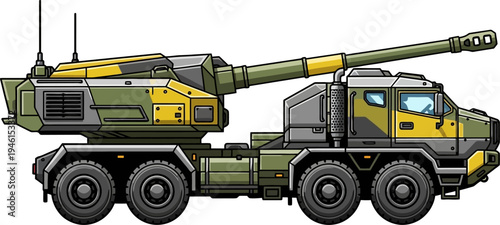 Long-range truck cannon with digital camouflage pattern