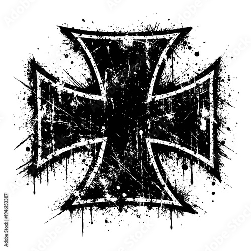 A distressed black iron cross symbol with white outlines and paint splatters on a white background, representing a grungy and edgy aesthetic