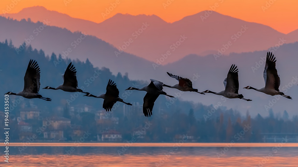 Naklejka premium Flock of cranes flying over mountain lake at sunset