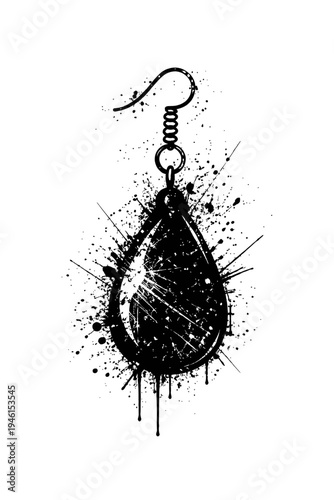 Black teardrop earring with paint splatters on white background