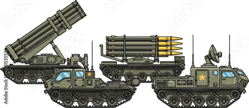 Military vehicles featuring rocket launcher and radar unit
