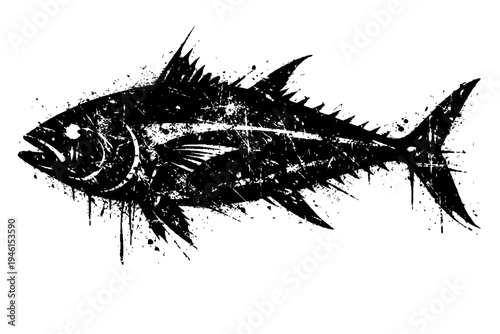 A black and white illustration of a tuna fish with a grunge effect, side view, abstract background.