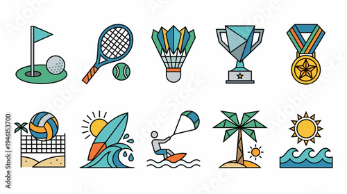 Set of Colorful Sports and Summer Vacation Icons in Flat Design Style