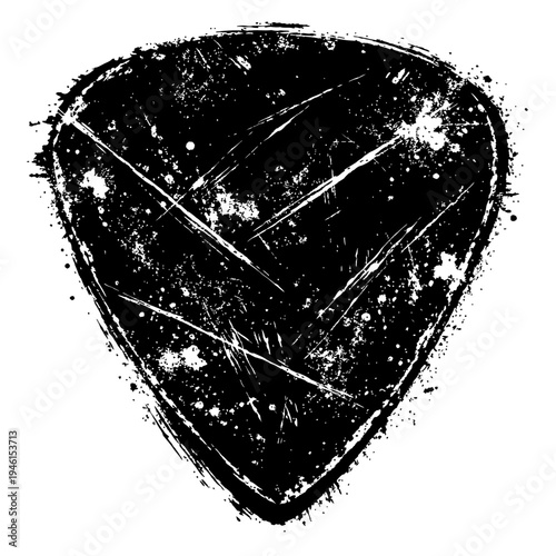 Guitar pick with a distressed, grungy texture and white splatters on a black background, isolated on white