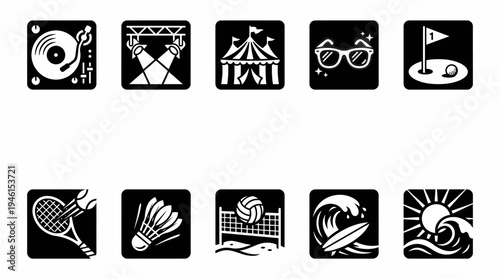 Set of Minimalist Black and White Icons for Sports and Entertainment