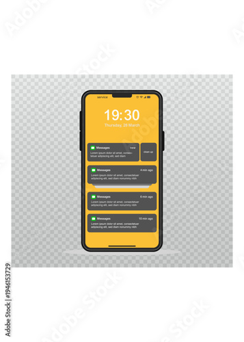 A smartphone display showing multiple incoming message notifications on a yellow lock screen background for user interface design.