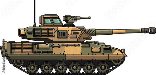 Modern desert camouflage battle tank moving across terrain