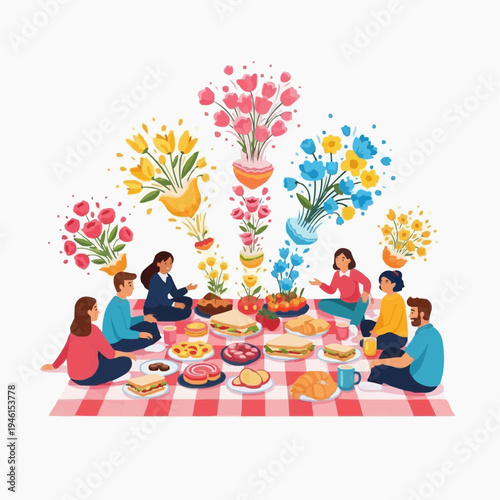 People enjoying a picnic with sandwiches, pizza, fruit, and flower arrangements.