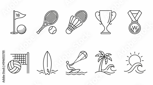 Sports and Summer Activity Line Icons Set for Outdoor Recreation and Competition