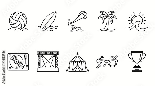 Summer Beach and Music Festival Line Art Icons Set