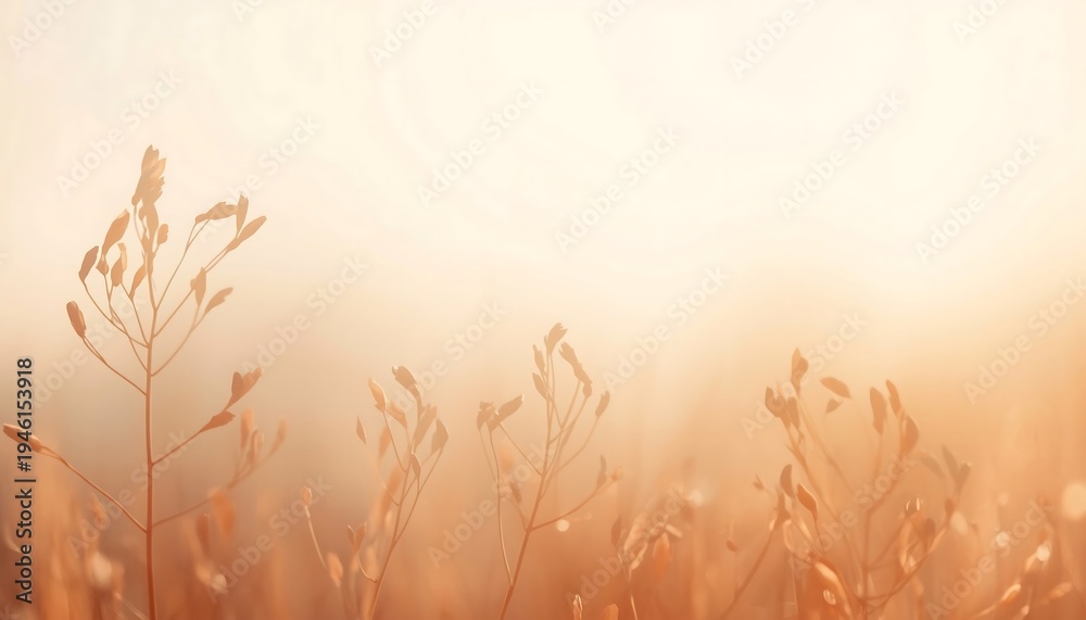 Fototapeta premium Close-up of dry grass or reeds bathed in soft golden sunlight, creating a warm and hazy atmosphere.