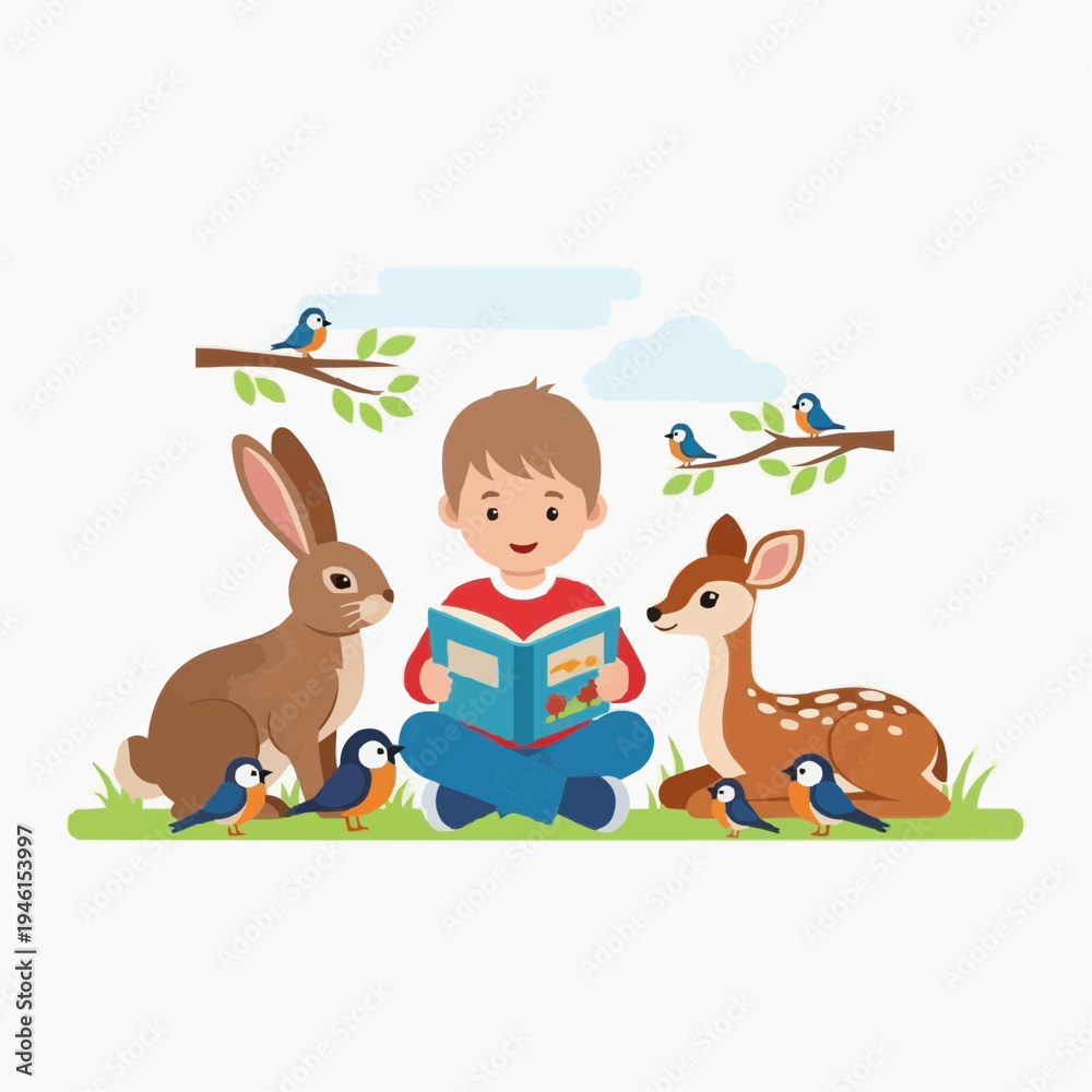 Naklejka premium Boy reads book to forest animals, rabbit, deer, and birds in nature.