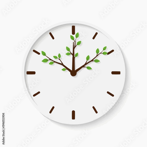 White clock face with tree branches and green leaves growing from the center hands.
