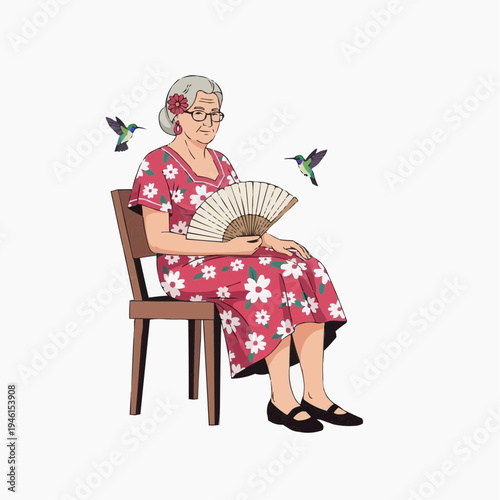 Elderly woman sitting on a chair, fanning herself with a traditional fan, hummingbirds fly.