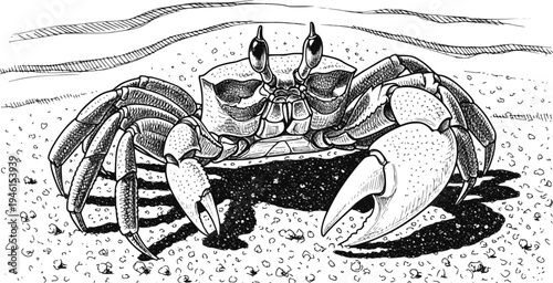 Ghost crab (Ocypode ryderi) close-up. Monochrome vector illustration. Transparent background EPS version.