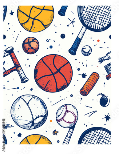 Seamless vector pattern with sports elements for kids apparel and activewear textile design