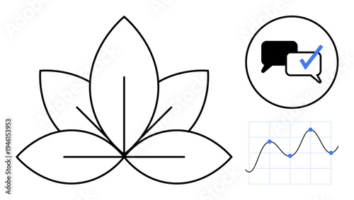 Minimalist lotus outline next to a conversation dialogue with checkmark and graph with data points. Ideal for balance, wellness, teamwork, analytics, productivity, strategy, growth. Clean flat