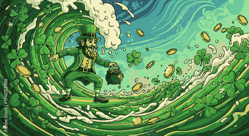 Leprechaun surfing green wave with gold coins and pot of gold st patrick's day concept