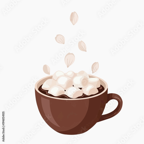 Cup of hot chocolate with marshmallows falling, cozy and comforting drink