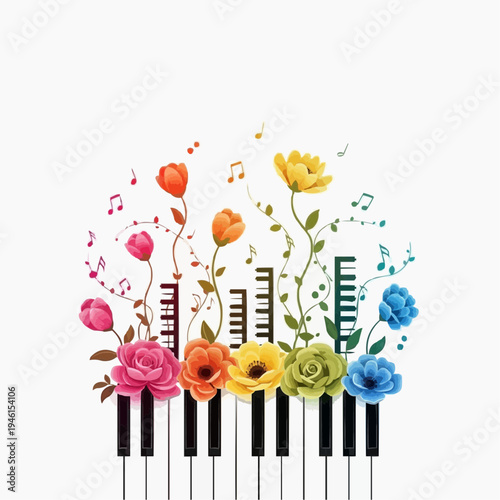 Piano keys with blooming flowers and musical notes, symbolizing music and nature