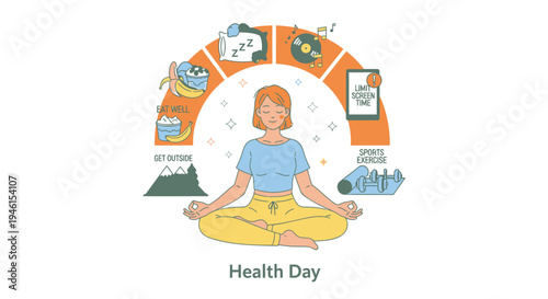 Vector illustration of woman meditating on Health Day, surrounded by icons