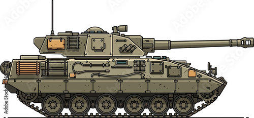 Olive drab tracked armored carrier with external storage