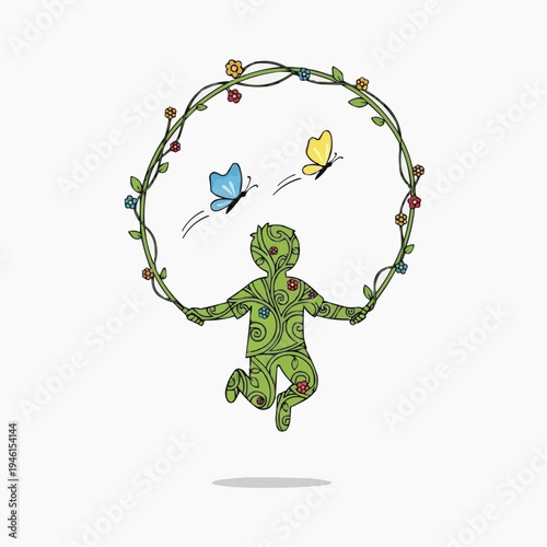 Child made of leaves and flowers jumping rope with butterflies.