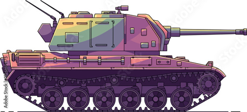 Purple camouflage armored tank with heavy turret cannon