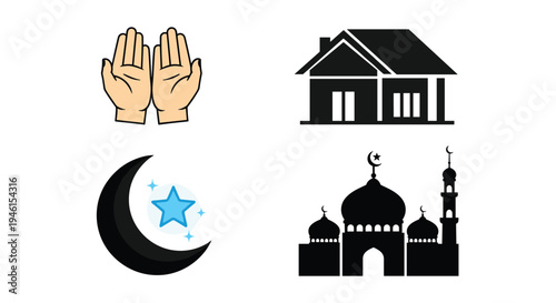 Icon Set Ramadhan Kareem, Eid Mubarak, Eid Al Fitr Flat Minimalist Design Illustration