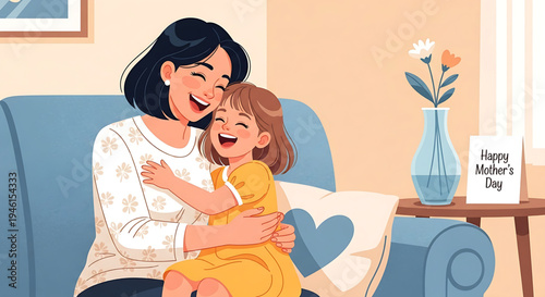 A heartwarming illustration capturing the pure joy and loving embrace between a mother and her daughter, celebrating their special bond with happiness and affection in a cozy home setting