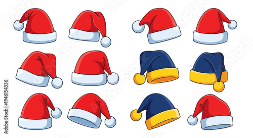 Collection of Cartoon Santa Hats and Blue Hats with Yellow Pom-Poms