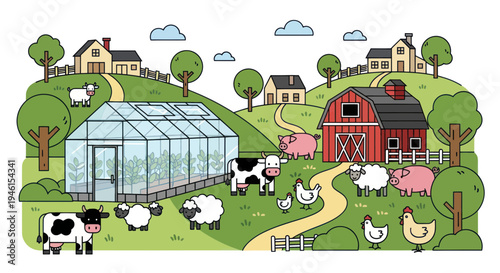 Cartoon Farm Landscape with Animals, Greenhouse, and Barn