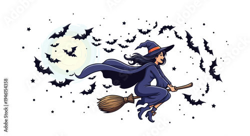 Halloween Witch Flying Broomstick Moon Bats Night Sky Spooky Holiday