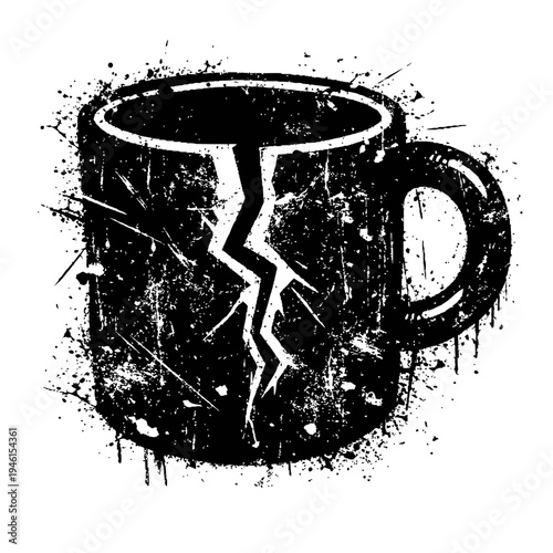 Black and white grungy illustration of a cracked coffee mug with a handle on a white background