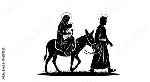 Nativity Scene Silhouette: Mary, Jesus, Joseph, Donkey on a Journey