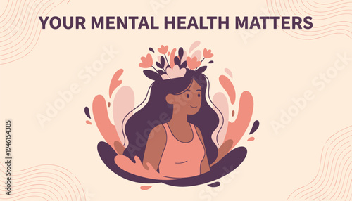 Vector illustration of woman meditating with flowers, mental health concept