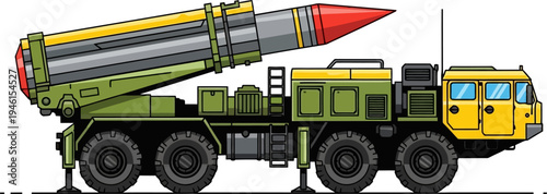 Strategic ballistic missile carrier truck with red warhead