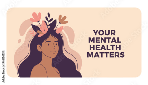 Vector illustration of woman with flowers in hair, mental health awareness