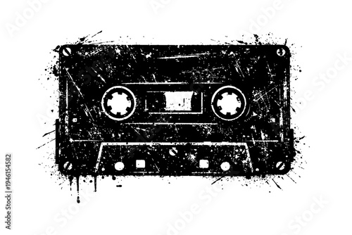Black and white illustration of a vintage cassette tape with a grungy texture and splattered paint effect on a clean white background