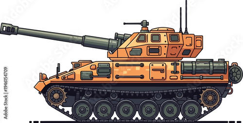 Tan tracked mobile artillery vehicle for desert warfare