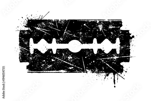 Grunge style razor blade icon with black splashes and scratches on white background for design and editorial use